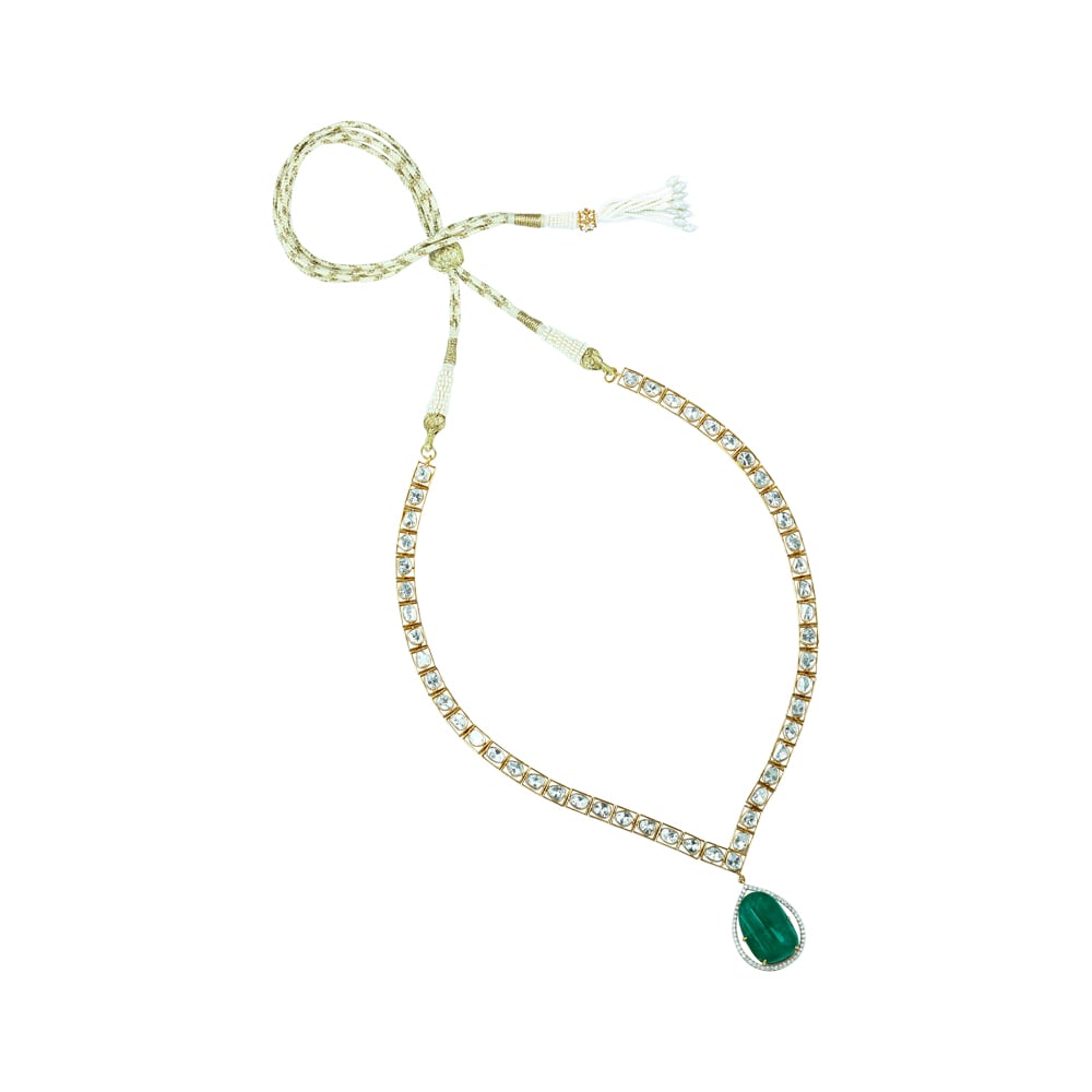 Emerald Pendant Polki Necklace with Symmetrical Polkis